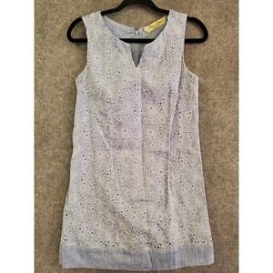 🌷Puro Lino 100% Linen Blue White Shift Dress Eyelet Coastal Beach Dress S Italy